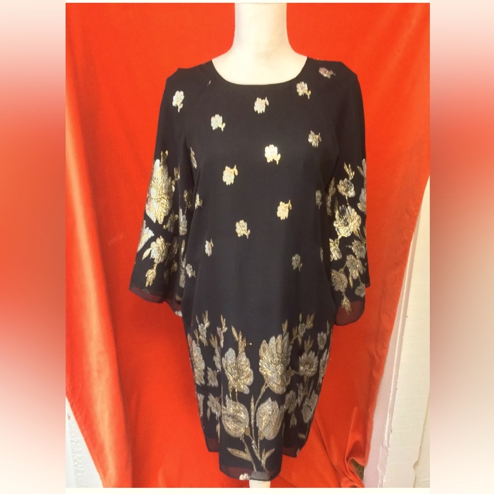 Miguelina metallic embroidered shift dress black and gold small